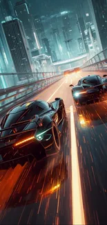 Two sleek cars racing on a futuristic highway at night.