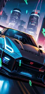 Futuristic racing car in a neon cityscape at night.