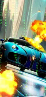 Futuristic blue racing car with explosions in a cityscape background.