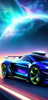 Futuristic car races under a glowing galaxy sky.