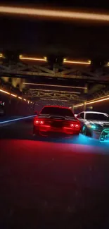 Futuristic cars racing in a tunnel with neon lights.