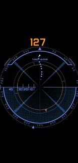 Futuristic radar display screen in blue and orange on a black background.