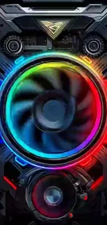 Futuristic speaker with rainbow lighting and industrial design.