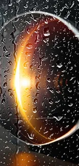 Futuristic glowing orb with rain on black background.