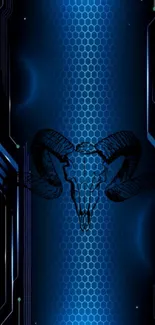 Futuristic blue wallpaper with a ram skull and honeycomb pattern.