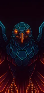Futuristic raven in neon colors with dark background.