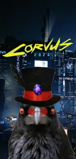 Raven with top hat in futuristic neon-lit cityscape.