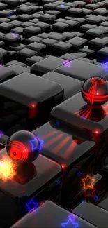 Futuristic black cubes with red glowing spheres on a digital backdrop.