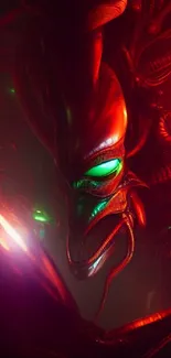 Futuristic red alien design with glowing green accents.