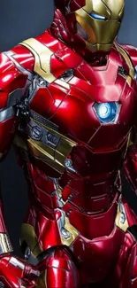 Close-up of a futuristic red and gold armor design glowing.