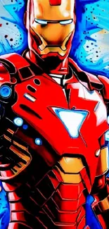 Vibrant red armored figure with glowing chest on a blue backdrop.