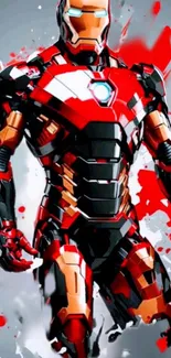 Futuristic red armor with metallic elements on a mobile wallpaper.