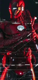 Red armor hero in futuristic design on a dark background.