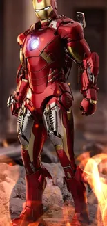 Robotic red and gold armored figure stands heroically in a cinematic setting.