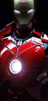 Dynamic red futuristic armor with glowing light.