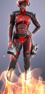 Futuristic character in a red battle suit on a wallpaper.