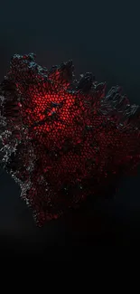 Abstract textured red geometric shape on dark background.