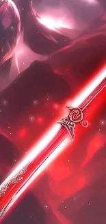 Red futuristic katana with mystical figure in background on mobile wallpaper.