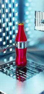 Futuristic red bottle on metallic background.