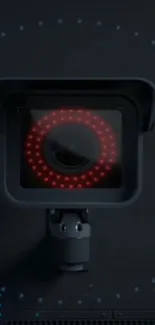 Futuristic camera lens with red lights on dark wallpaper.