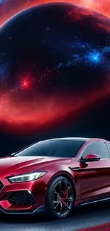 Futuristic red car with galaxy background.