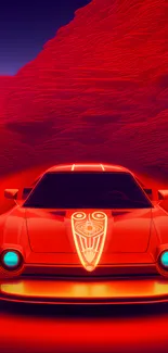 Futuristic red car with neon glow in desert landscape.