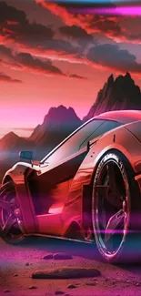 Futuristic red sports car with mountain backdrop.