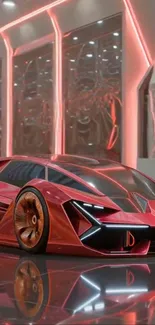 Futuristic red sports car in modern showroom.
