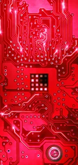 Vibrant red circuit board wallpaper with electronic patterns.