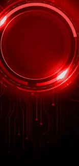 Futuristic red circuit wallpaper with glowing circular design.