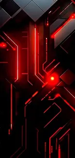 Futuristic red circuit with glowing lines.