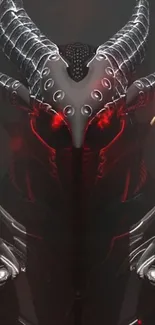 Futuristic armored creature with red glowing eyes in dark setting.