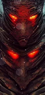 Futuristic creature with glowing red eyes and intricate designs on a dark background.