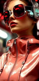 Futuristic woman in red jacket with sunglasses