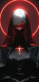 Anime-style cyberpunk nun with red halo in futuristic art.