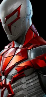 Futuristic superhero in red and silver armor posing.