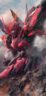 Dynamic red mecha robot against rock face, ideal for mobile wallpaper.