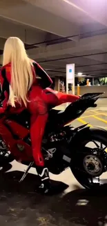 Dynamic red motorcycle in dim garage with rider.