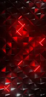Red and black geometric wallpaper with neon lights.