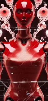 Red futuristic robot with decorative elements in mobile wallpaper.