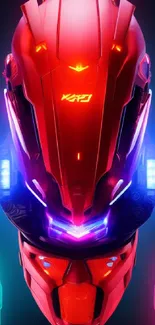 Futuristic red sci-fi helmet with neon and cyber elements.