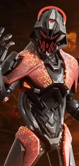 Futuristic warrior in red armor amid a cyber-themed urban backdrop.