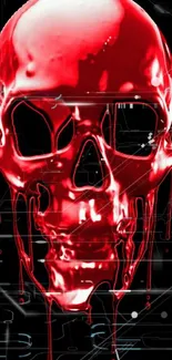 Glossy red skull on futuristic black background.