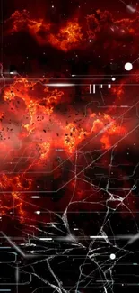 Futuristic chaotic wallpaper with fiery red elements and shattered glass.