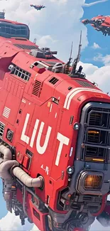 Futuristic red spaceship flying through clouds.