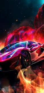 Futuristic red sports car on a cosmic background wallpaper.