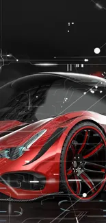 Futuristic red sports car with sleek digital graphics.