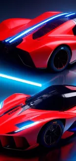 Futuristic red sports car with neon blue accents.