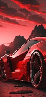 Futuristic red sports car set against a dramatic mountainous landscape.