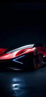 Futuristic red sports car against dark background.